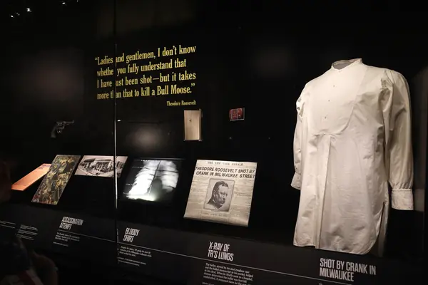 The assassination-attempt display at the Theodore Roosevelt Presidential Library, Medora, 2026 (cropped)