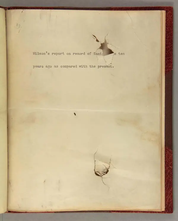 The bullet-pierced speech manuscript, 1912: the next page, with the bullet holes