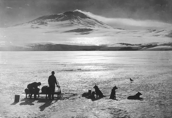 A dog-sledge team below Mount Erebus, photographed by Herbert Ponting, January 15, 1911 (not the 1912 rescue)