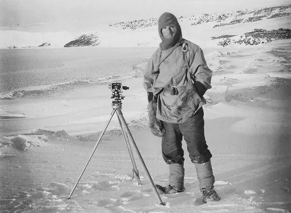 Lieutenant Edward “Teddy” Evans with a theodolite, photographed by Herbert Ponting, October 1911