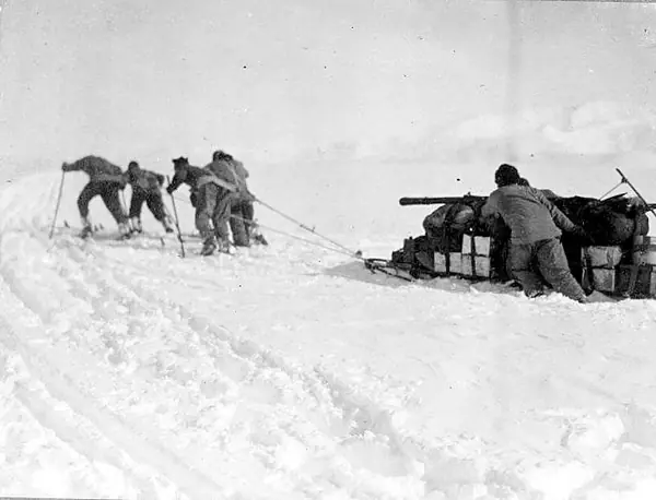 A man-hauling party on the way to the Pole, photographed by Scott, December 1911 (not the return with Evans)