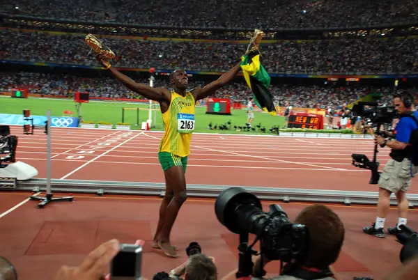 Usain Bolt celebrating after the 2008 Olympic 100 meters final, Beijing