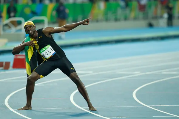 Usain Bolt after the 100 meters final at the Rio 2016 Olympics