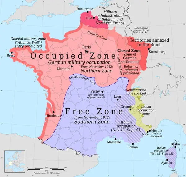 Map of the occupation zones of France, 1940–1944 (cropped)