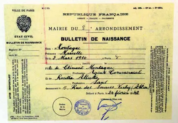 The OSS-forged French birth certificate (“Bulletin de naissance”) for “Marcelle Montagne,” Hall’s alias, photographed in 2002