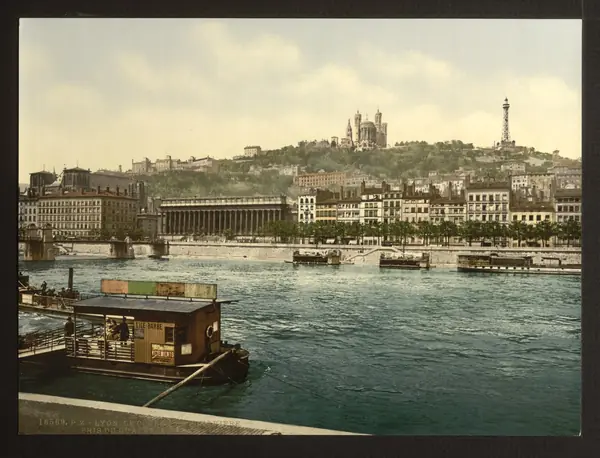 The Hill of Fourvière from St. Antoine Quay, Lyon, photochrom, about 1890–1900