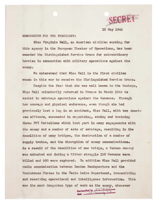 Page 1 of Gen. William J. Donovan’s memorandum for the President on Hall’s Distinguished Service Cross, May 12, 1945