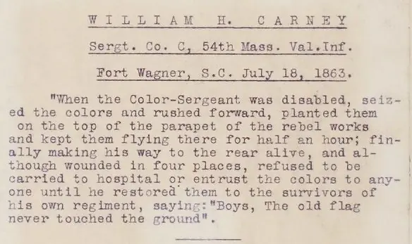 Text about William Harvey Carney, from Official records, United States Army and Navy LCCN2014645382 (cropped)