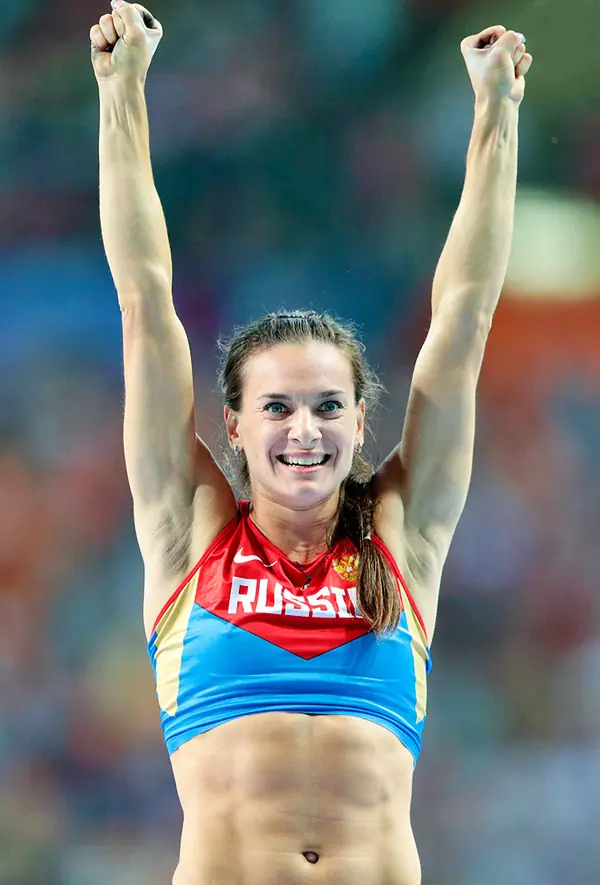 Yelena Isinbayeva celebrating at the World Championships, Moscow, August 13, 2013