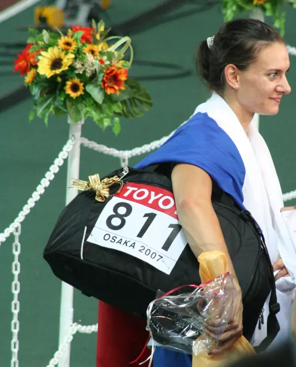 Yelena Isinbayeva at the interview stand after winning the world title, World Championships, Osaka, August 28, 2007 (not Beijing)